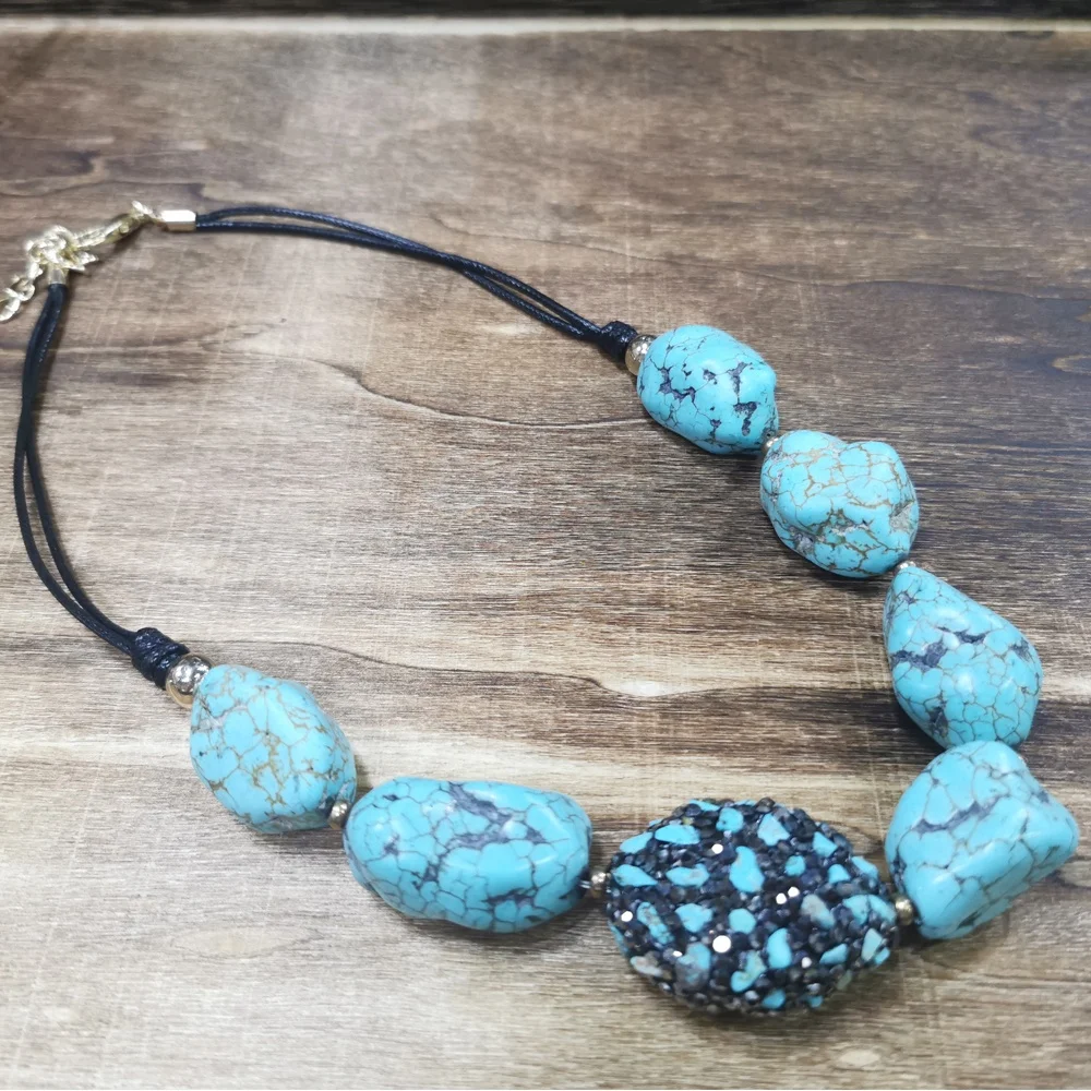 Vintage Turquoise Large Beads Necklaces Handmade Pave Crystal Gemstone Choker Necklace Jewelry for Women Adjustable