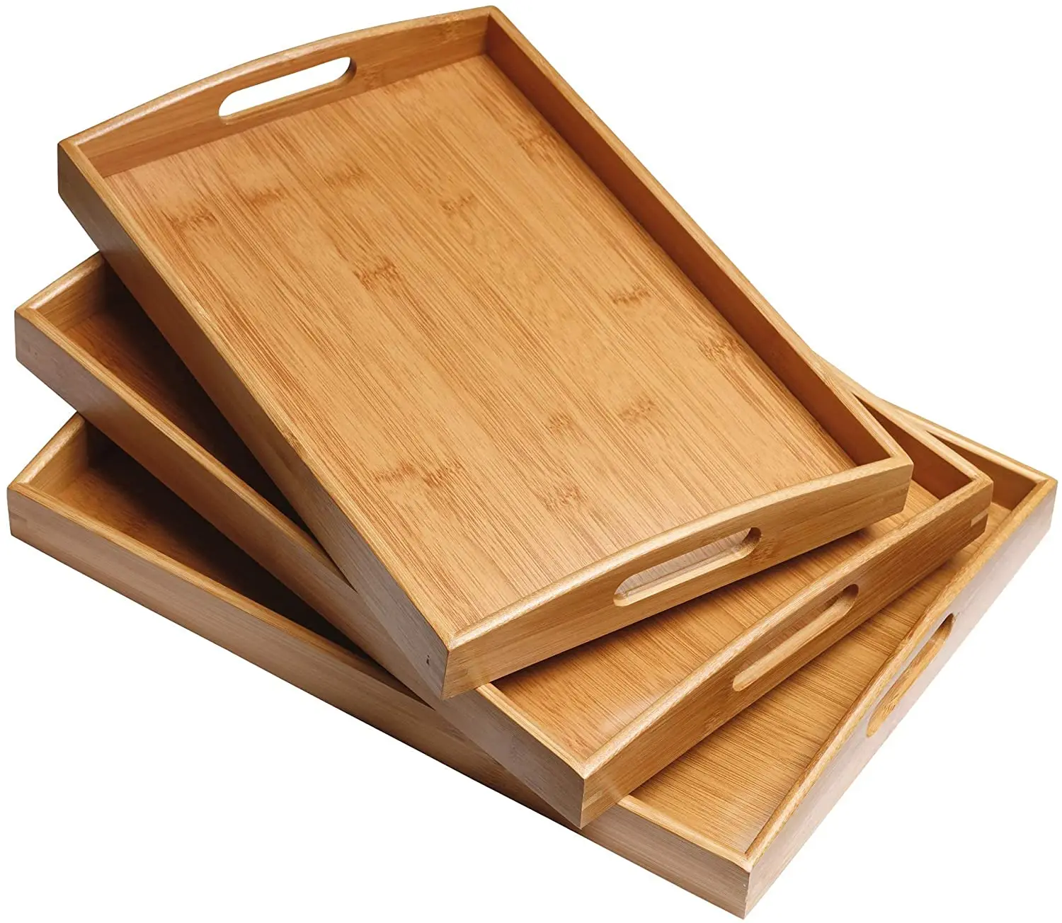 Serving Tray Set, Bamboo Serving Tray Set with Handles - Set of 3, Large, Medium, and Small Tray, Multi-use Bamboo Wood Serving
