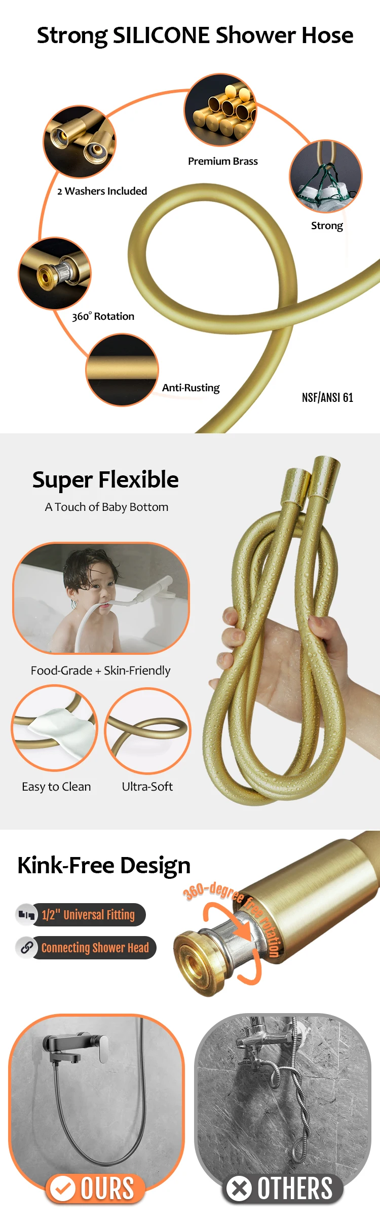 1.2m 1.5m 2m NSF WRAS Certified PVC Silicone Shower Hose Pipe for Bathroom