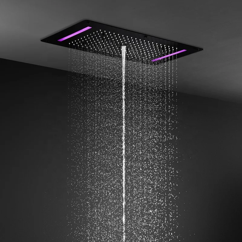 380*700 MM 304 SUS LED Matte black Embedded ceiling shower head rainfall waterfall column spray bathroom Thermostatic shower