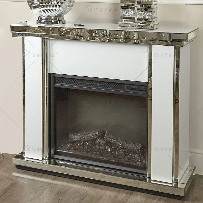 Elegant Indoor crushed diamond crystal white Glass mirror fireplace in  living room furniture