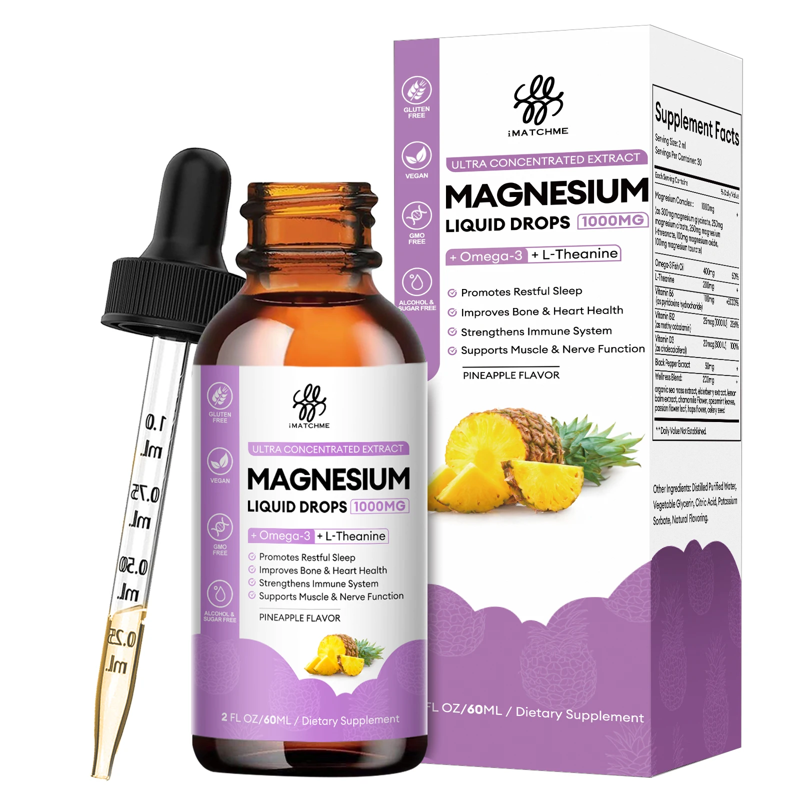 OEM 60ml Omega 3 Multivitamin Magnesium Glycinate Complex Liquid Drop Supplement for Bone Health