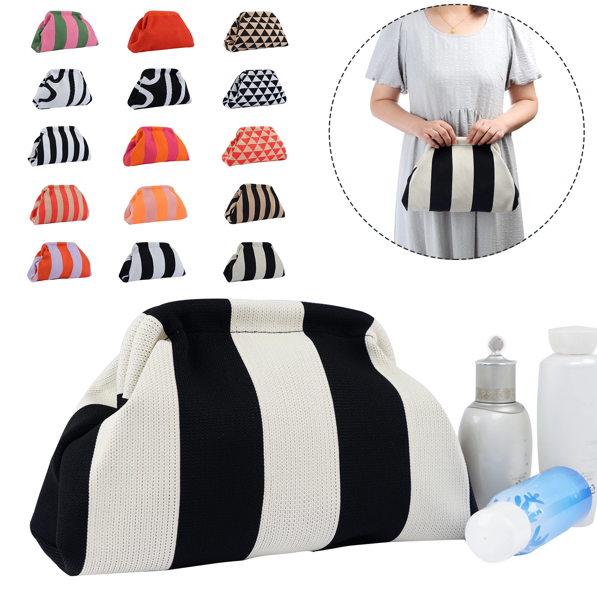 Summer Woven Crochet Purses for Women Beach Clutch Handbags Dumpling Clutch Ruched Cloud Purse Casual Colorblock Cosmetic Bag