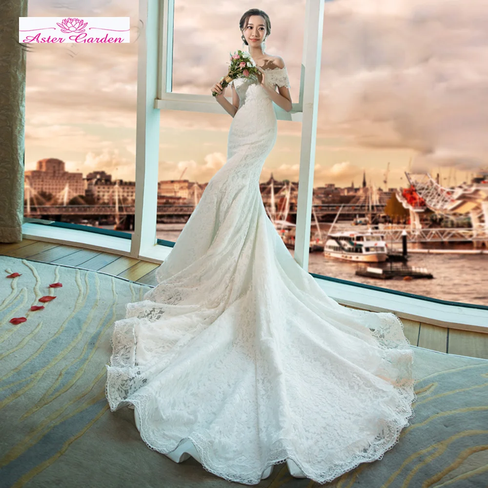 Lace Mermaid Wedding Dress with Veil Off Shoulder Simple Vestido de Noiva Sereia Backless Luxury Bruidsjurken Bridal Gowns China