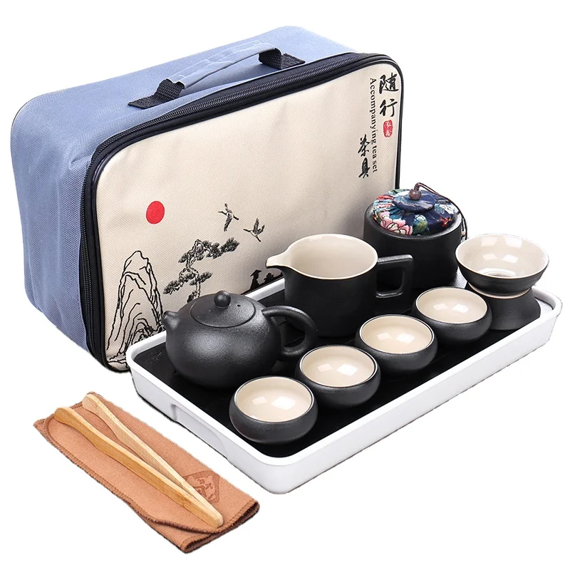 
custom LOGO gift event business portable Black ceramic Chinese Kung Fu Travel tea set 