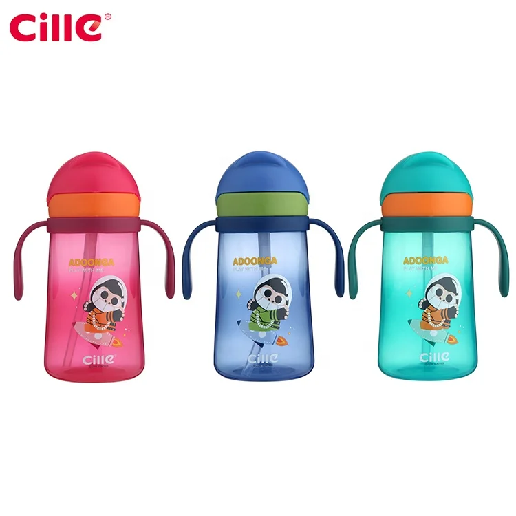 Cille 460ml Custom Cartoon Children Bottle Travel leakage-proof Plastic BPA Free Kids Drinking Cute Water Bottle with Straw