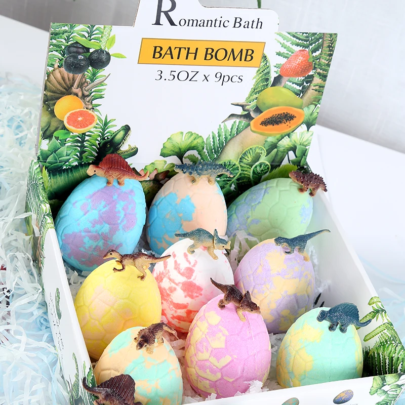 OEM  Dinosaur Egg Shape Bath Bombs With Toys Set 9x3.5Oz With Citric Acid Sea Salt Fruit Oil Sucrose Glycerin Trehalose