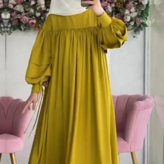 2024 Islamic Clothing Abaya Dubai Women Muslim Dress Puff Sleeve Satin Plain Abaya Traditional Muslim Clothing