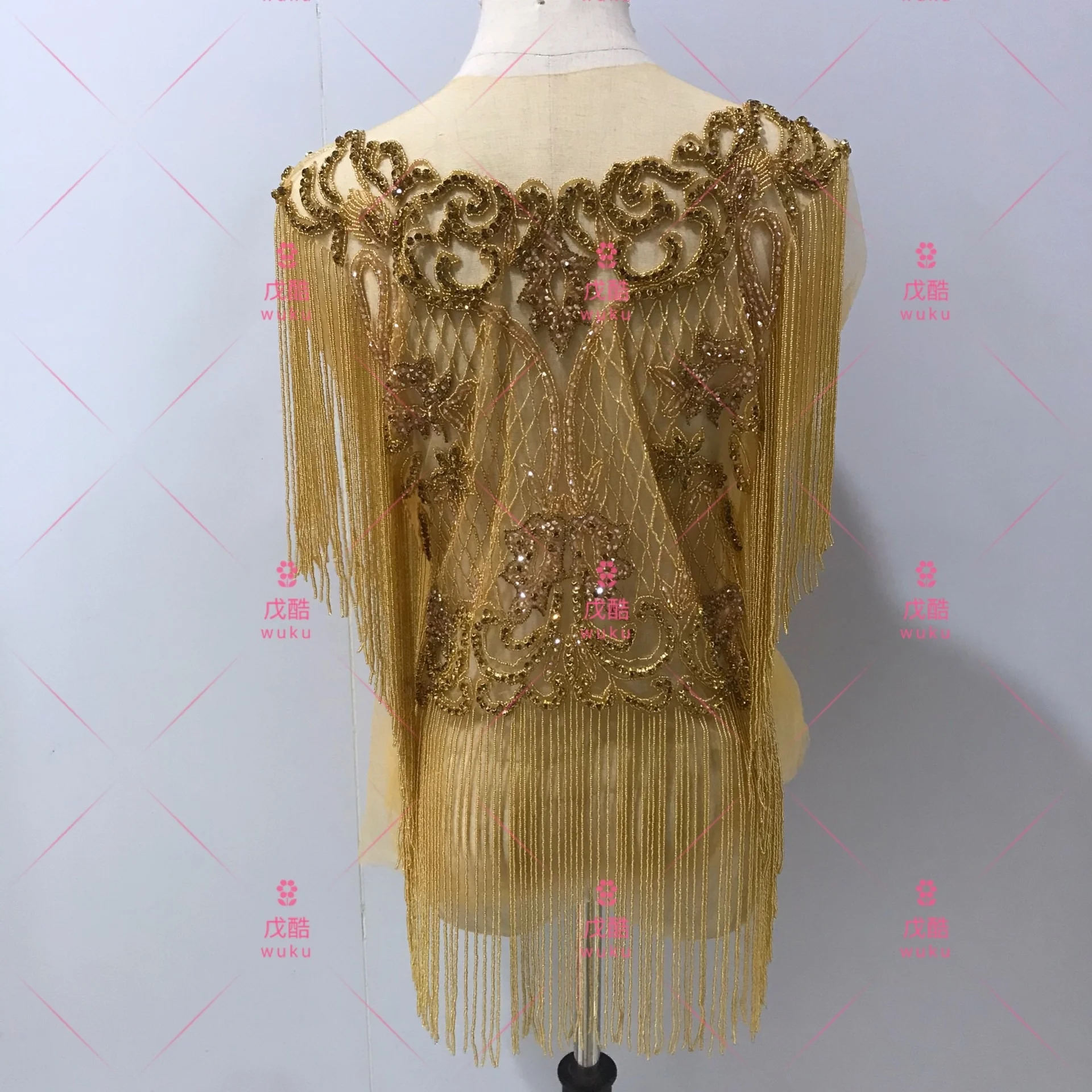 front side and back side  whole piece appliqe patch with crystal  fringe tassel design in gold