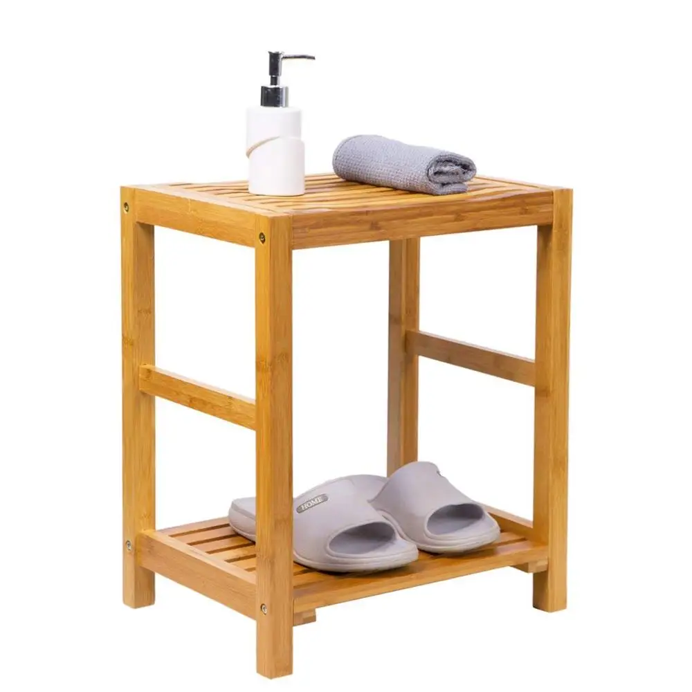 Custom Bamboo Bath Bench Shower Seat Bathroom Chair Spa Bench Organizer Stool with Storage Shelf For Wholesale