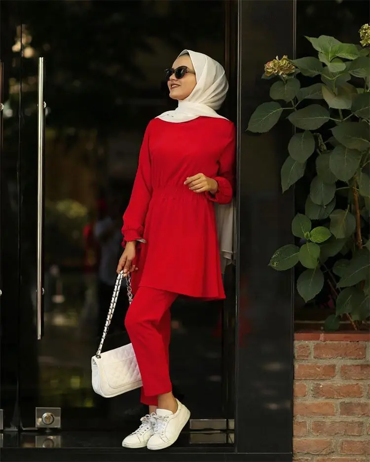 Women Spring indonesia Muslim clothing Casual belted ethnic Top Long Robe with Pant Two Piece Elegant Outfit Set