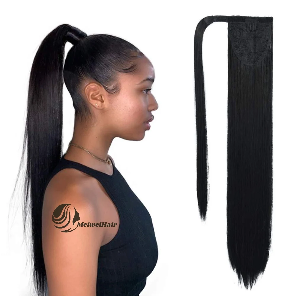 Meiwei Factory Custom Wrap Around Ponytail Drawstring Long Straight Synthetic Ponytails Hair Extension