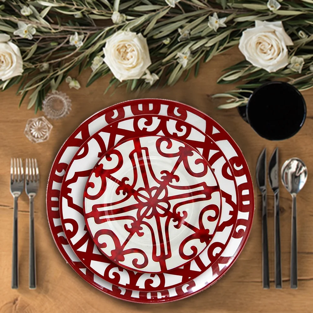 Wholesale red fancy ceramic dinnerware wedding restaurant porcelain serving plate