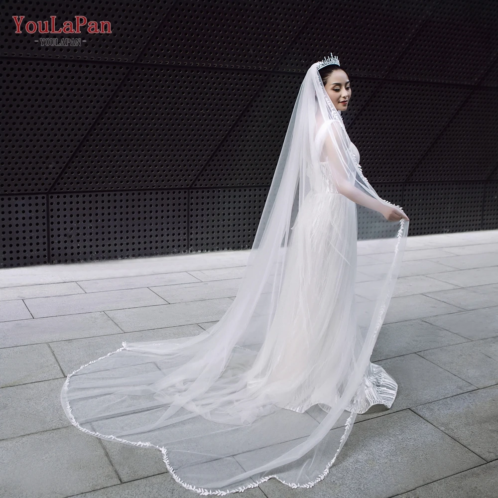 YouLaPan V142 White Ivory Single Layer Thin Scallop Leaves Applique Trim Veil Cathedral Wedding Bridal Veil