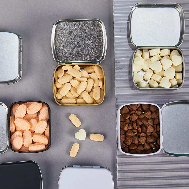 Factory Stock Custom High Quality Food Grade Black Gold Silver Candy Storage Medicine Travel Dispenser Metal Tin Box With Hinge