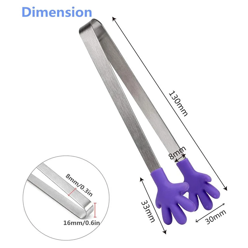 Non-slip Palm Shape Mini Cute Silicone Ice Food Serving Tongs Stainless Steel Ice Cube Tongs