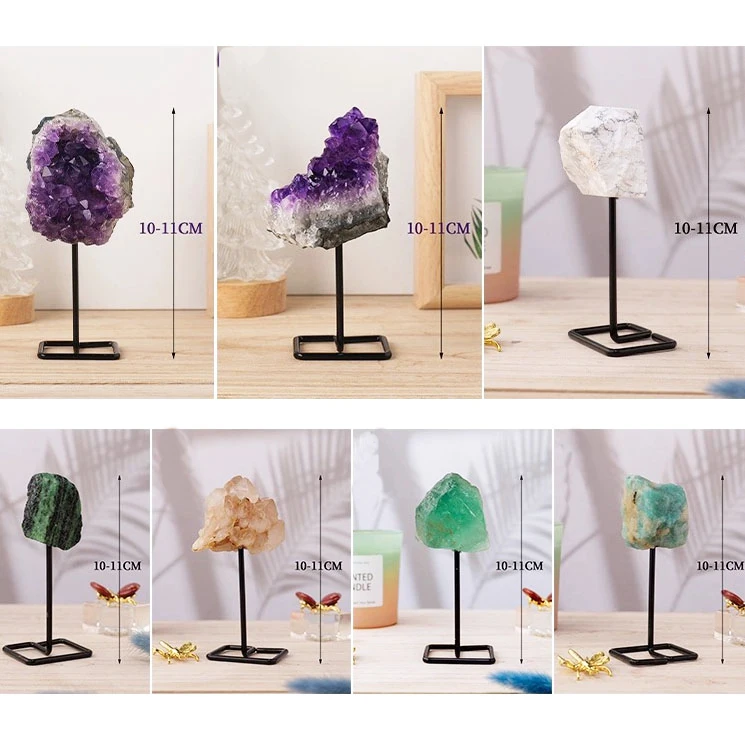 High Quality Gemstone Natural Amethyst Metal Stand Raw Quartz Crystal Healing Stone Art Crafts for Office Decoration