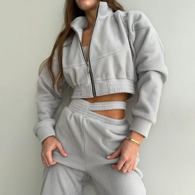 Custom Logo Leather Patch Women Loungewear Sets Sexy Jacket and Pants Set Velour Polar Fleece Jacket Joggers Tracksuit