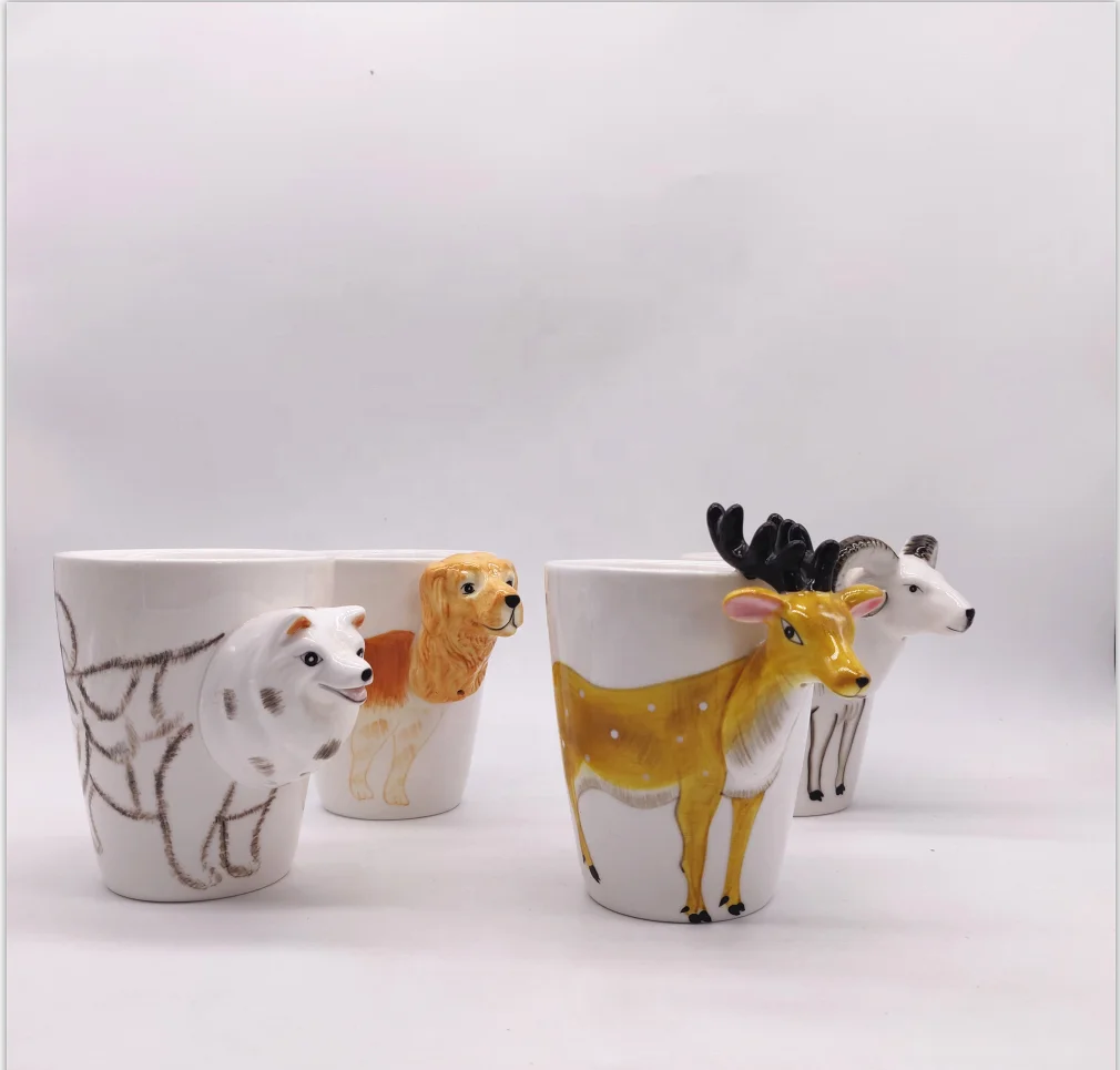 Custom lovely deer cartoon animal ceramic drinking mug with handle