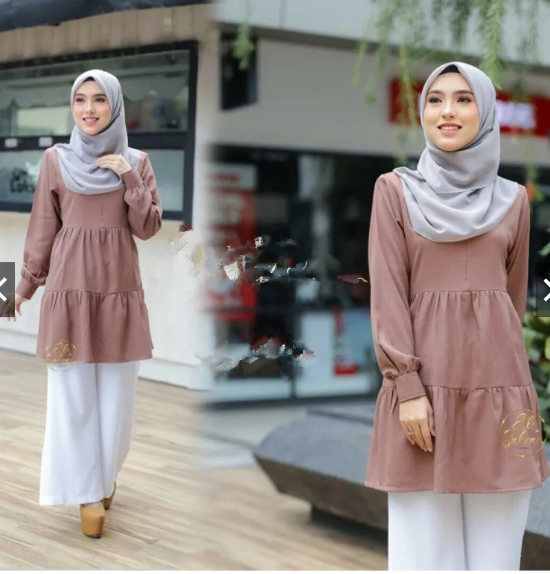 Muslim solid color round neck long-sleeved multi-layer stitching long shirt Middle Eastern Malay stitching pleated shirt