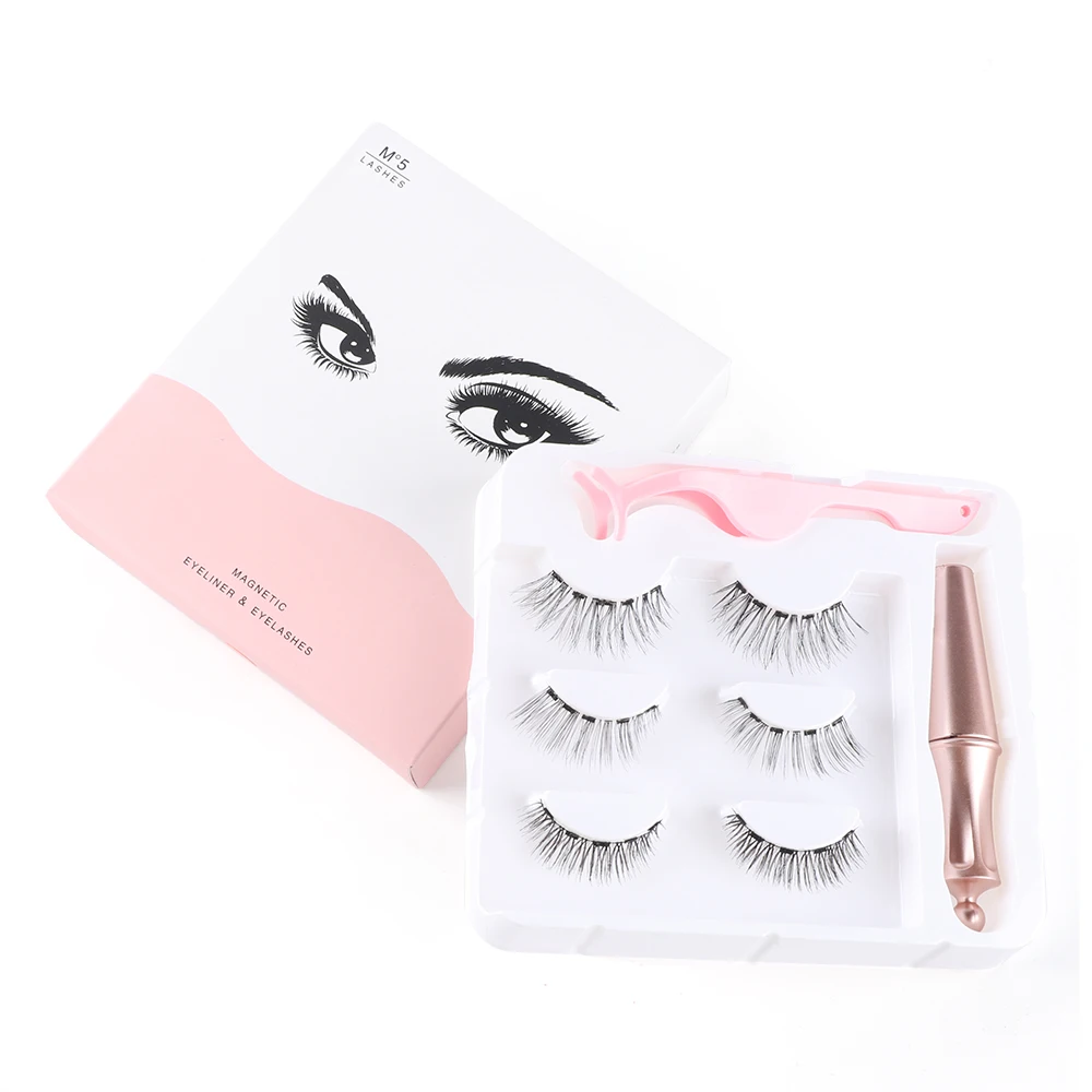 3 pairs of magnetic eyelashes with 1 eyeliner and tweezers, waterproof and long lasting