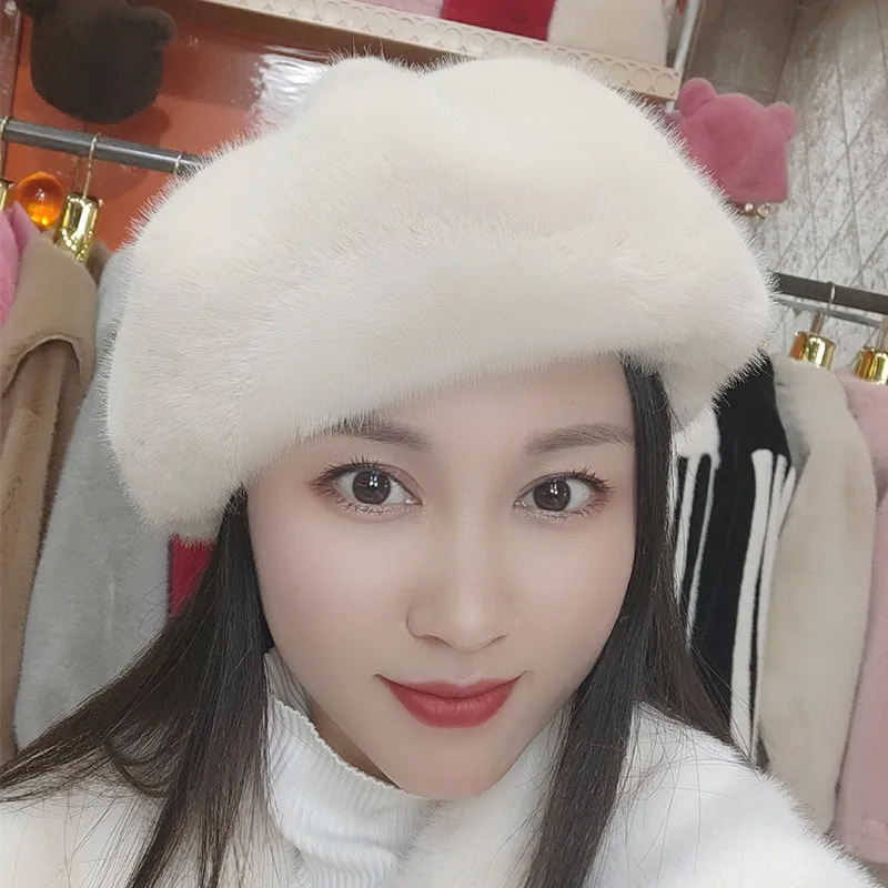 Manufacturers Wholesale Unisex Octagonal Hat Black Beret with Winter Tide Display Imitation Mink Hair with Small Bud for Fishing