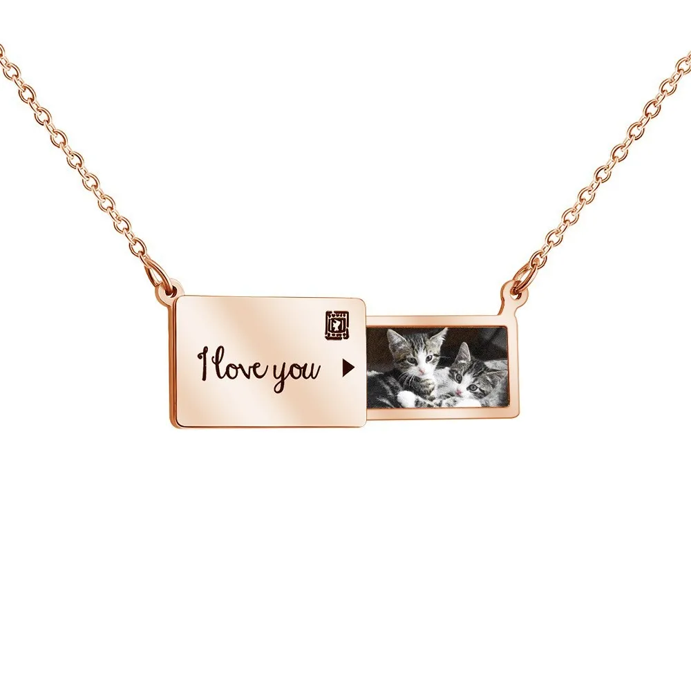 Fashion Custom Photo Engraved Letter Envelope Pendant Necklace Stainless Steel Clavicle Chain Necklace