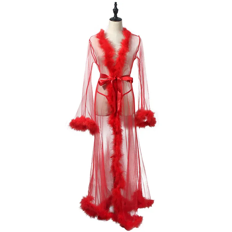 Custom long hot women femme valentines day lingerie bathrobe set long lingerie women femme fur trim sexy robe