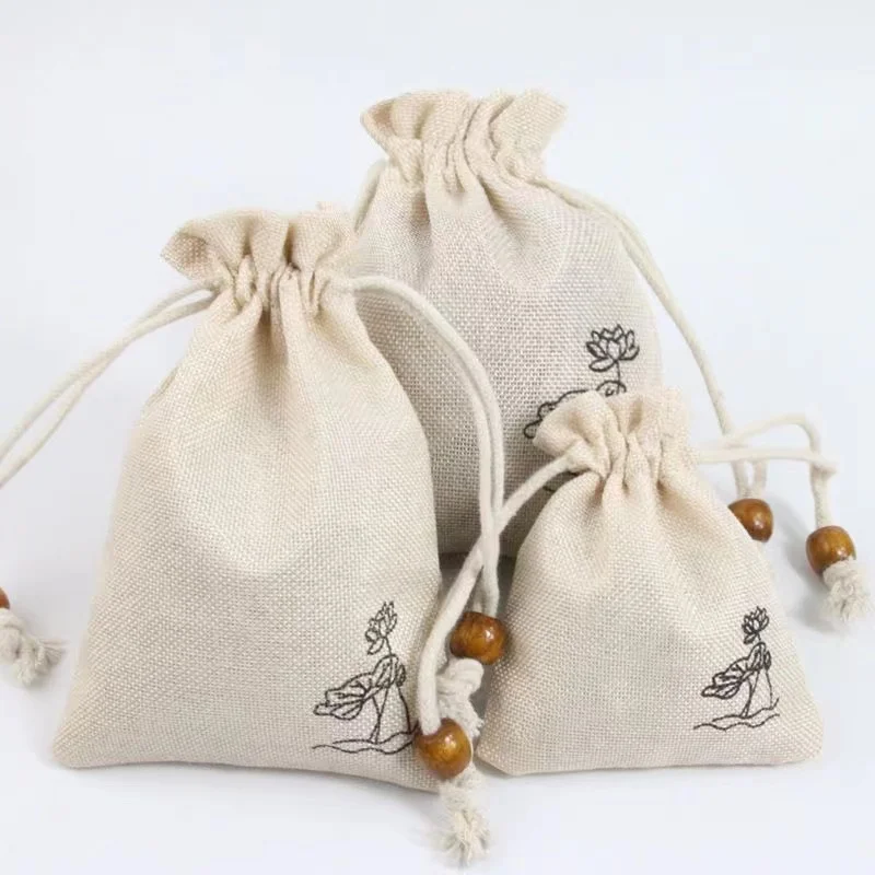 huahao Small Tea Reusable Plain Organic Cotton Canvas Fabric Muslin Calico Pouch Drawstring Bag With Custom Logo Printed Bluk