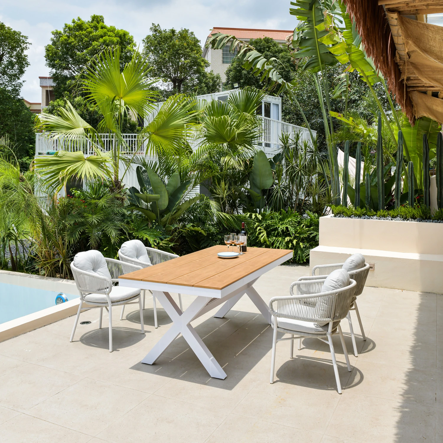 outdoor dining180 cm table sets  4 people garden furniture white color aluminum frame , plastic wood top table and  rope chairs