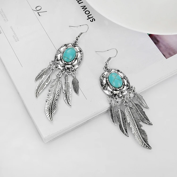 Latest Design Antique Silver Turquoise Earrings Bohemian Jewelry Wholesale