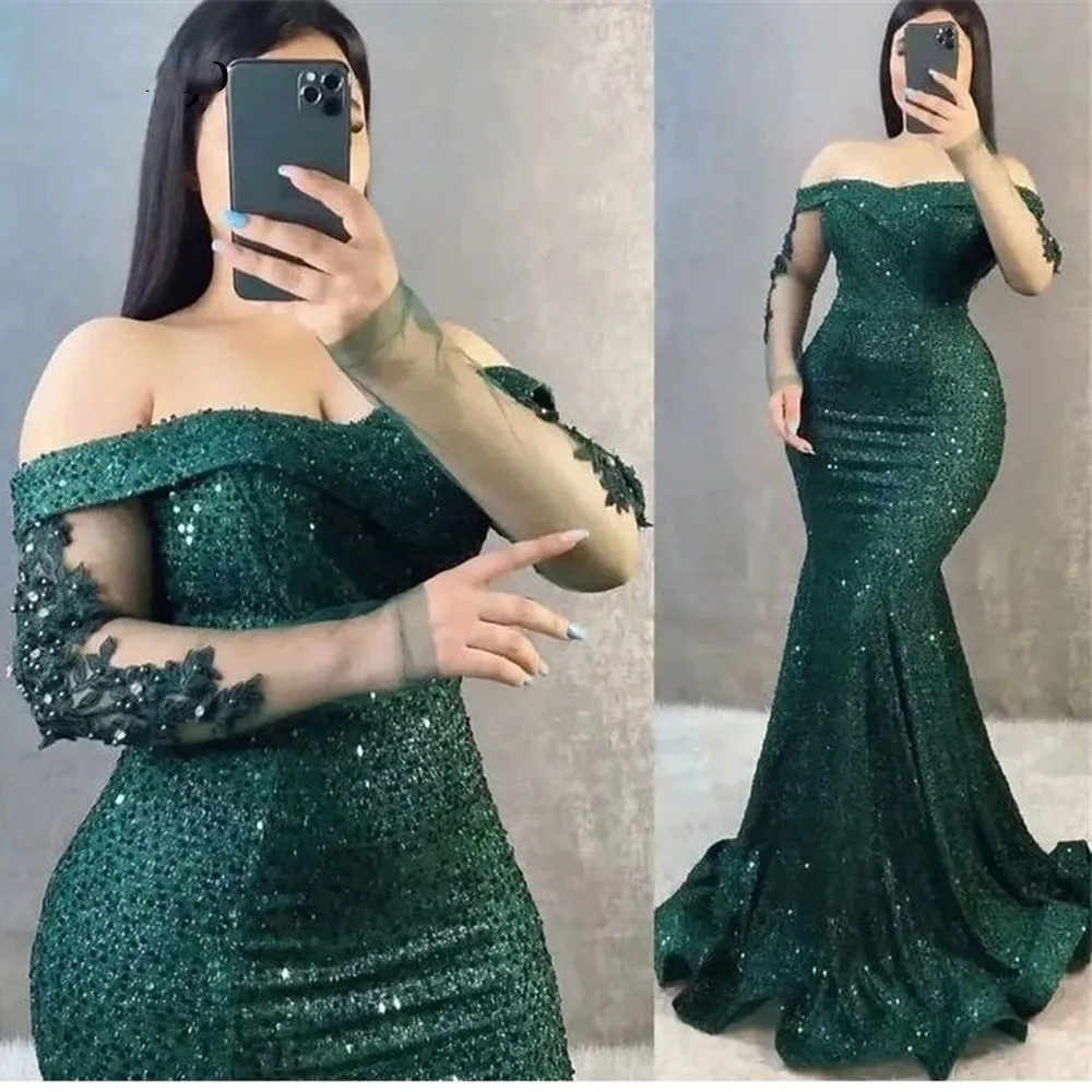 Glitter Sequins Mermaid Black Evening Dresses Off The Shoulder Long Sleeves 2024 Green Women Formal Night Party Gowns MP508