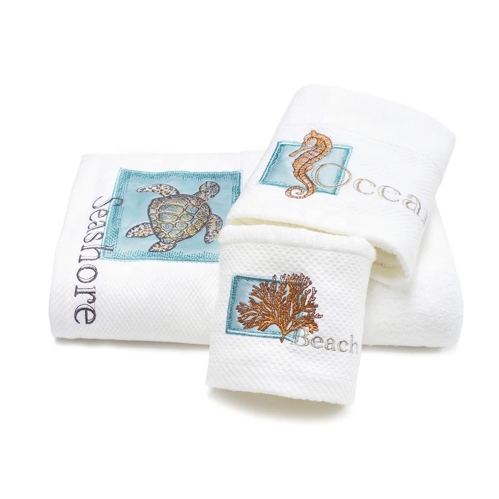 Ready to Ship Good Quality 520GSM Solid Color with Seaside Animal Embroidery Towels Bath 100% Cotton Set