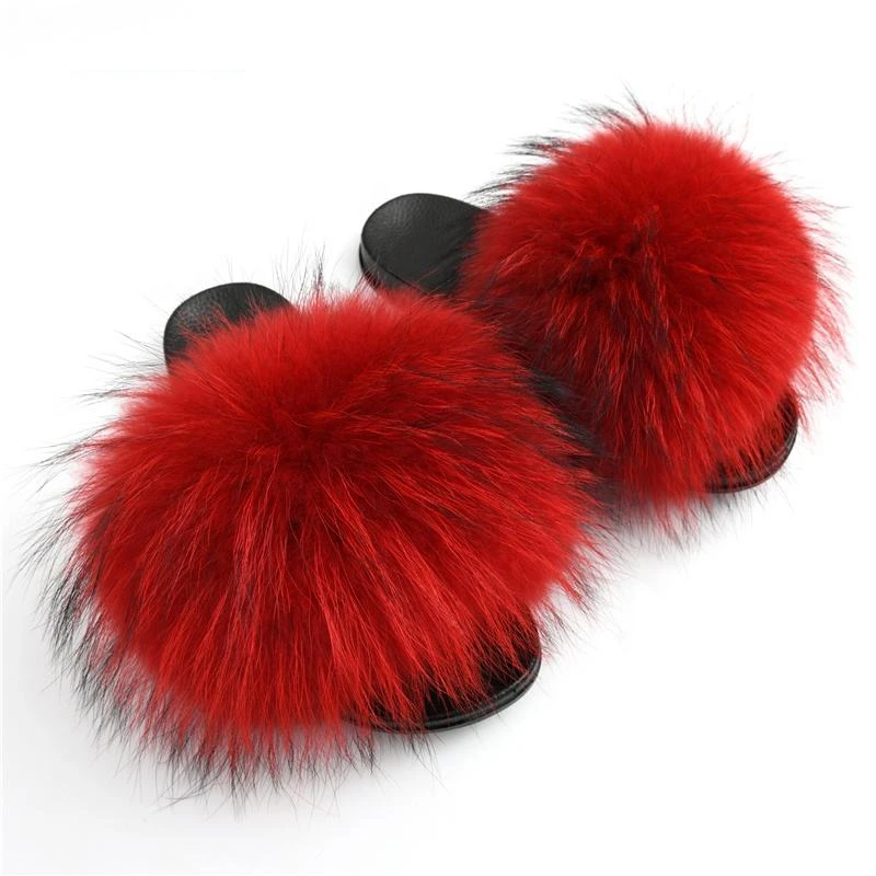 Factory Wholesale PVC Slides Ladies Raccoon Fur Slippers Women Soft Fur Slides