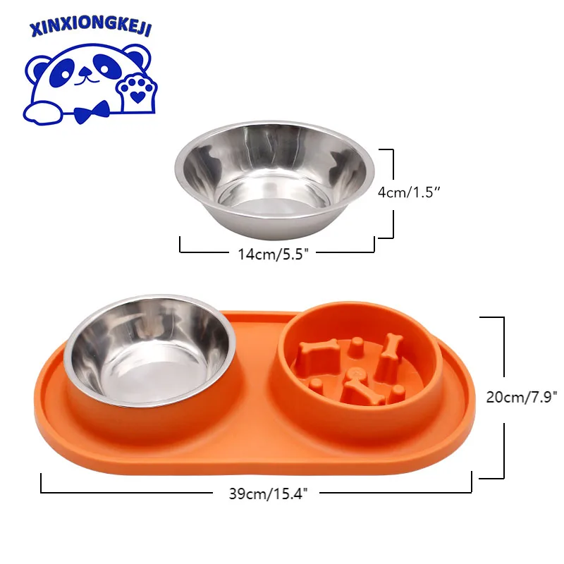 Pet Double Slow Feeder Food Water Bowls Stainless Steel Custom Outdoor Silicone Pet Double Bowl