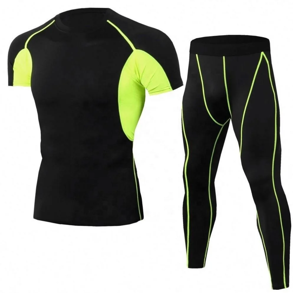 Hot Selling Custom Polyester Spandex Short Sleeve Two Piece Workout Gym Clothing Fitness Wear Set For Men Tights