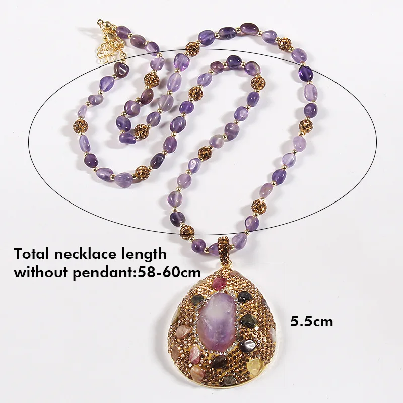 Aquamarine Rose Quartz Rhinestone Pava Ball Hematite Necklace Crystal Rough Pendant Necklace
