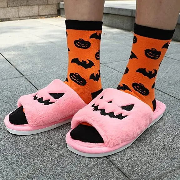 Halloween Pumpkin Lantern Slippers Autumn Soft Furry Comfort Closed Toe Slides Women Outdoor Slipper Zapatos Mujer Pumpkin Shoes