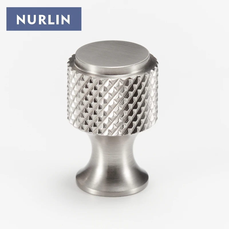 Nurlin New Solid Brass Diamond-cut Cross Knurl Pattern Nickel Drawing Brushed Nickel Matt Silver Cabinet Knobs Handles