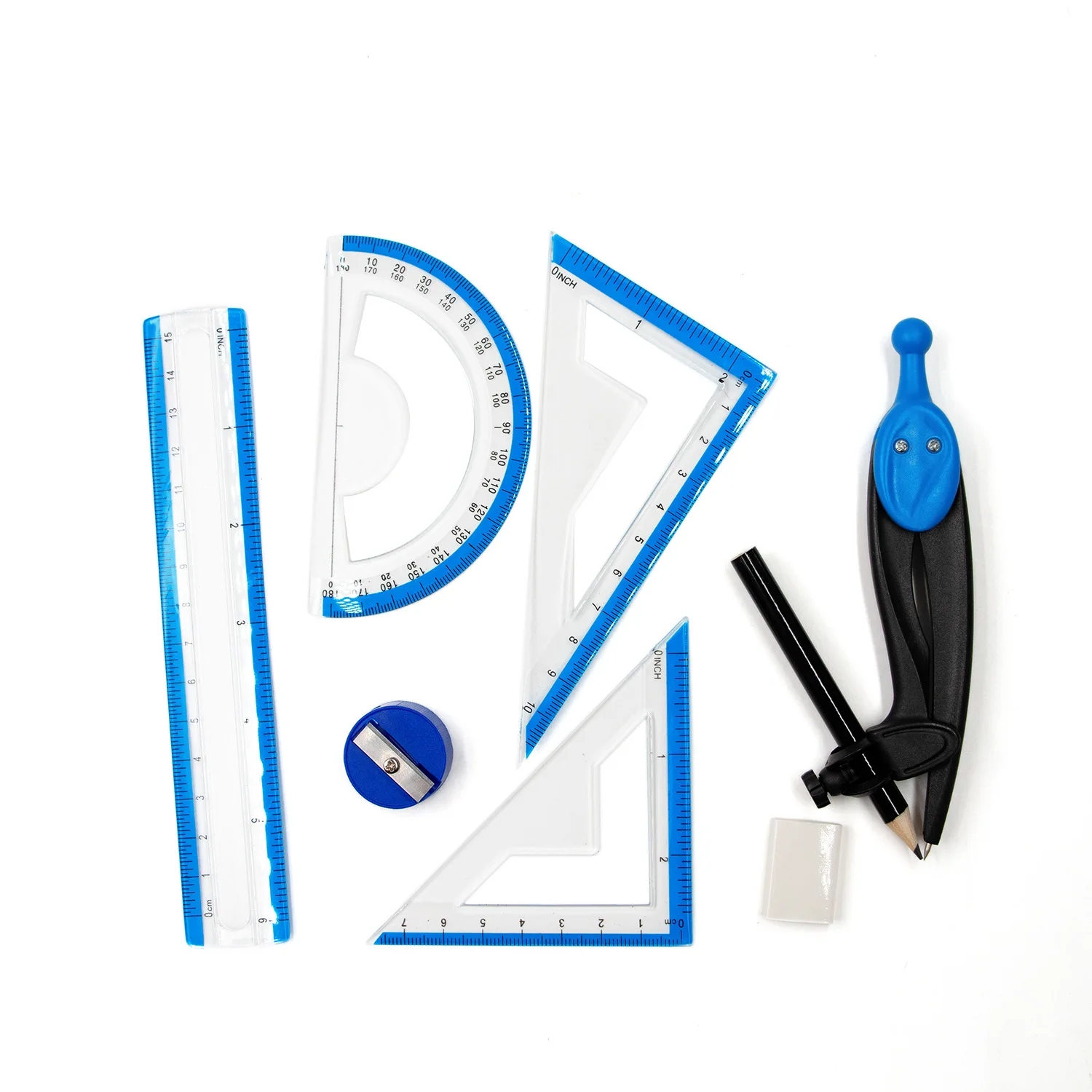 Color custom math drawing circle compass set with ruler rubber pencil sharpener