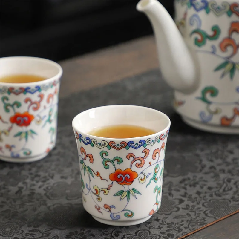 New Style Vintage Fancy Small Ceramic Tea Cup Set Gift Beautiful Colorful Print Kung Fu Tea Cup And Pot Set