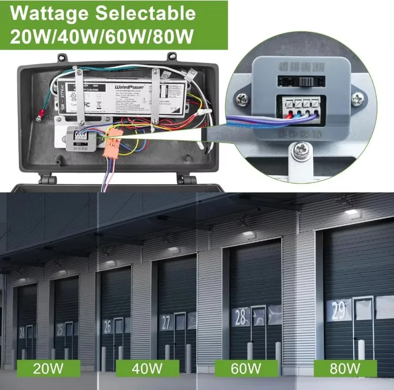 LED Full Cut Off Wall Pack 80/60/40/20W Selectable, 5000K Equiv. 50-250W MH/HPS  IP65 100-277V AC for Warehouse DLC & ETL Listed