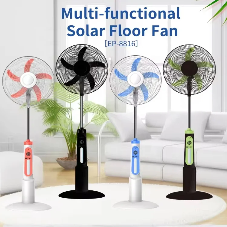 ZRACO 16 Inch 5 Blades 3 Speeds Lighting Standing Electric Cooling Remote Control Rechargeable Fan with Solar Panel