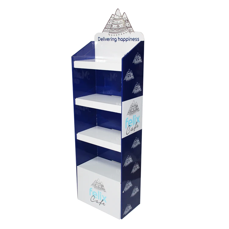 Custom Blue White Product Display Rack Folding Pop Up Paper Corrugated Floor Cardboard Display Stand