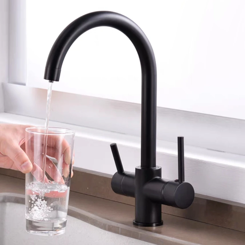 Dual Handle Deck Mount Waterfall Kitchen Faucets Brass Cold Hot Kitchen Sink Mixers