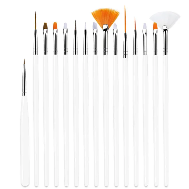 Professional 15pcs/set Fine Nylon Acrylic Nail Art Paint Brush Crystal Handle Fiber Striping Brushes for Drawing Lines on Nails