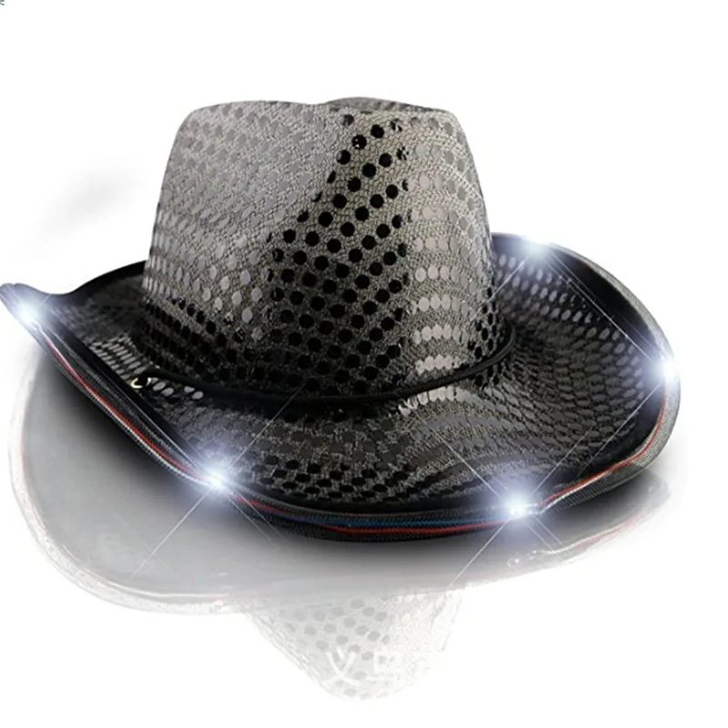 High Quality Bulk Light Up Glitter Western Party Concert Costume Unisex Cowboy Hats With LED Flashing Lights Adjustable Straps