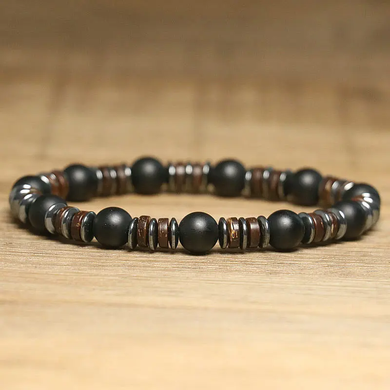 Minimalist 8mm Onyx Stone Bracelet for Men Jewelry Handmade Elastic Natural Coconut Hematite Beaded Bracelet Gift