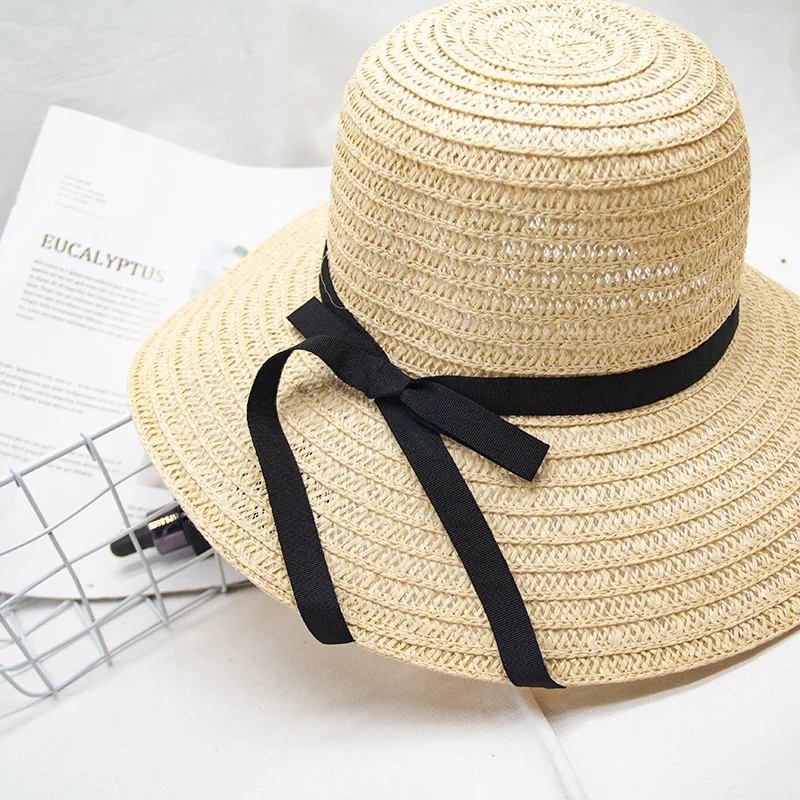 Summer straw hats literary visor Korean version of the folding beach ribbon basin hat female big large brim sun hat wholesale