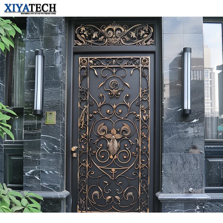 XIYATECH New safety Residential iron single door design front door Tempered Glass House iron wrought door prices